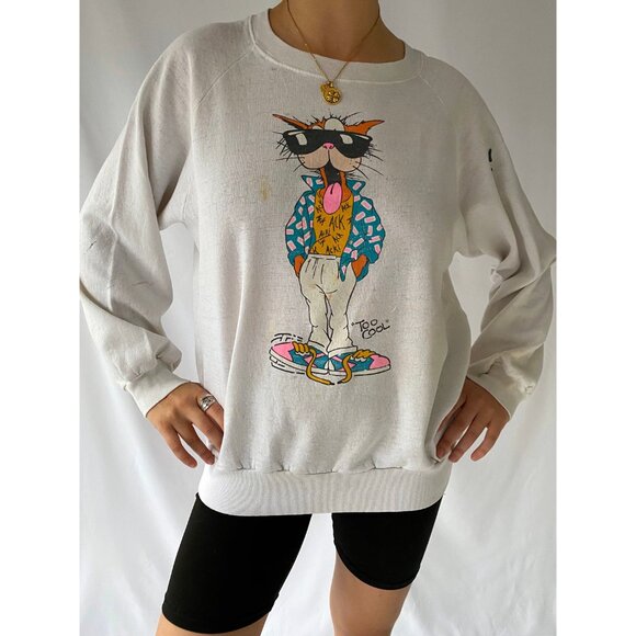 80s vintage COOL CAT graphic thrashed distressed faded cotton pullover sweater - Picture 3 of 10